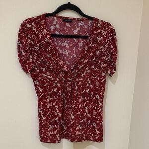 New York & Company Women’s Red Top Floral Blouse Size M Stretch Fits M-L